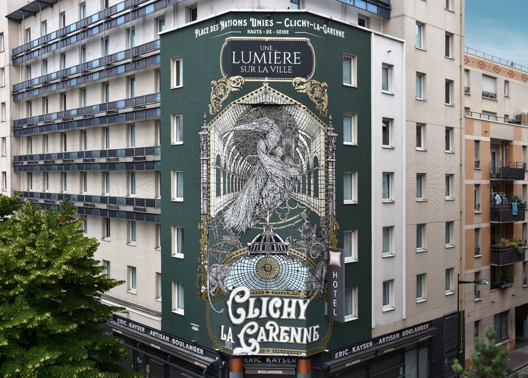 Fresque « Une Lumière sur la Ville » Place des Nations Unies, Clichy-la-Garenne